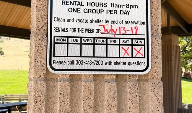 Shelter rental information sign at Foothills Community Park in Boulder Colorado