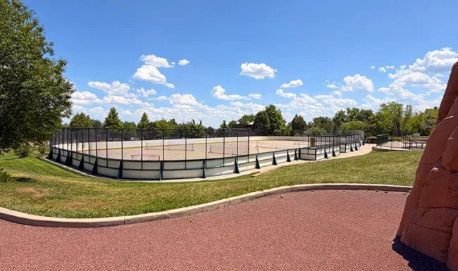 Multi-use sports rink with pickleball court markings at Foothills Community Park in Boulder Colorado