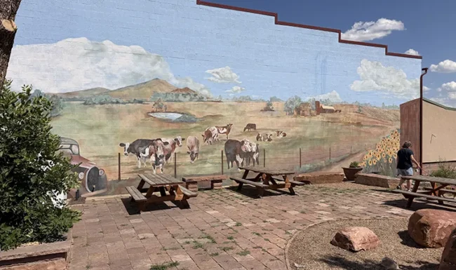 Historic cattle mural and picnic area in downtown Lyons Colorado