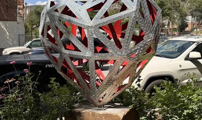 Heart-shaped public art sculpture in downtown Lyons Colorado