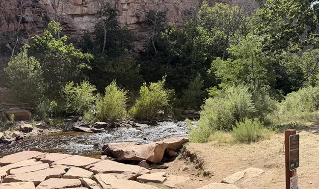 North St. Vrain Creek flowing below sandstone cliffs at LaVern M. Johnson Park