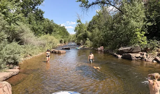People and dogs cooling off in North St. Vrain Creek at LaVern M. Johnson Park in Lyons