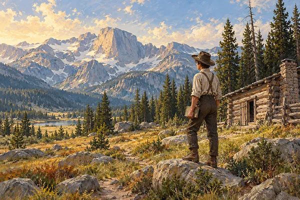 Artist’s illustration of a young naturalist near a log cabin looking toward Longs Peak in the Colorado Front Range.