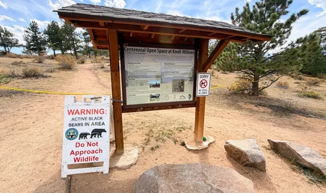 Centennial Open Space at Knoll-Willows trailhead sign in Estes Park, Colorado