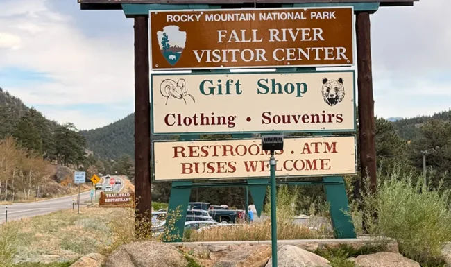 Gateway sign for the Fall River Visitor Center near Rocky Mountain National Park