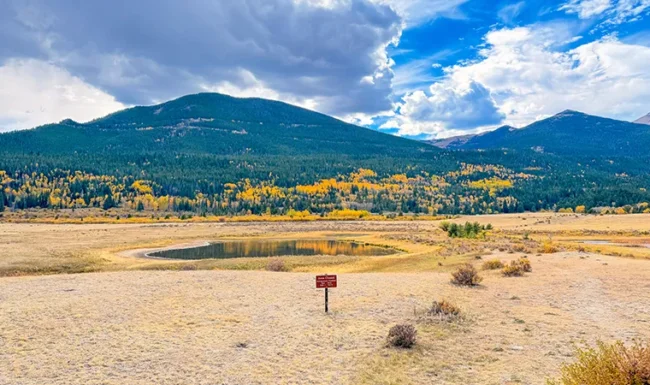 Sheep Lakes meadow with fall colors and Rocky Mountain views in Rocky Mountain National Park