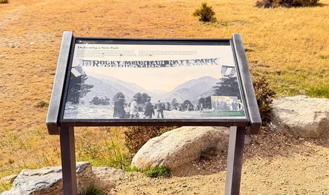 Historic Rocky Mountain National Park dedication interpretive sign at Sheep Lakes