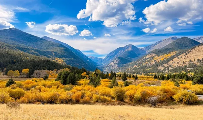 Fall mountain view from west side of Sheep Lakes meadow in Rocky Mountain National Park