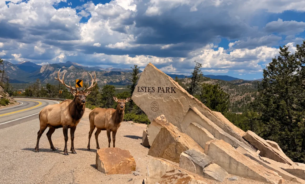 Bull and cow elk stand beside the Estes Park sign with Rocky Mountain views and dramatic Colorado clouds.